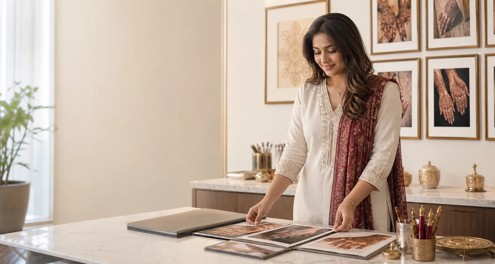 Mehndi artist preparing a professional portfolio