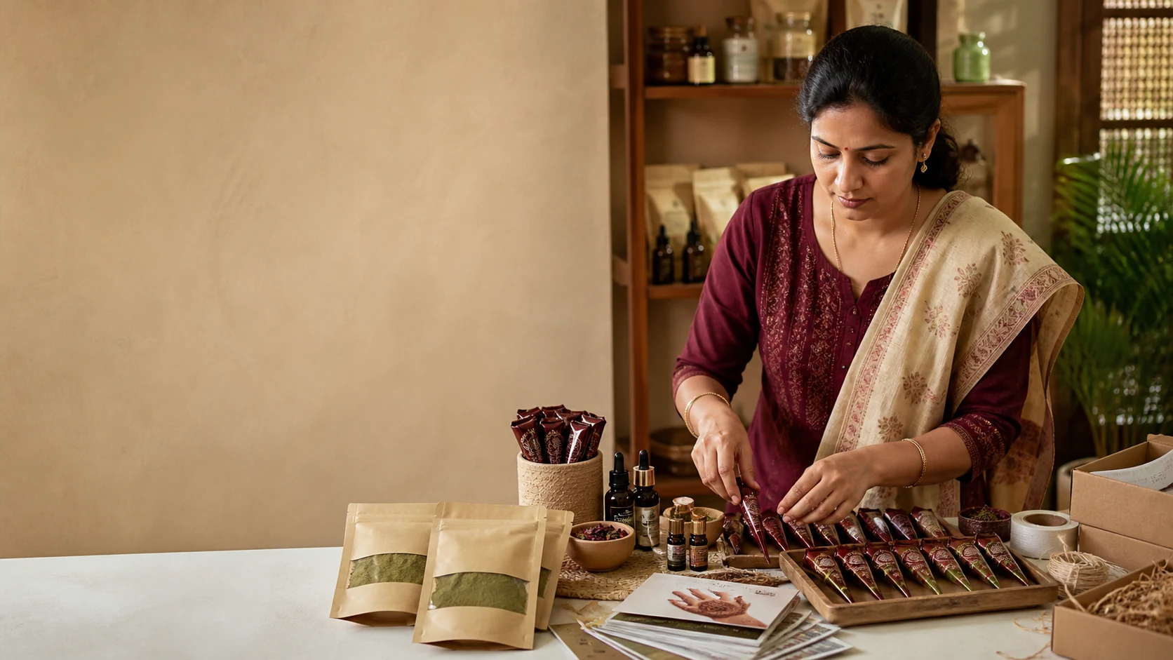 Henna product supplier organising cones, natural powder, oils and professional packaging
