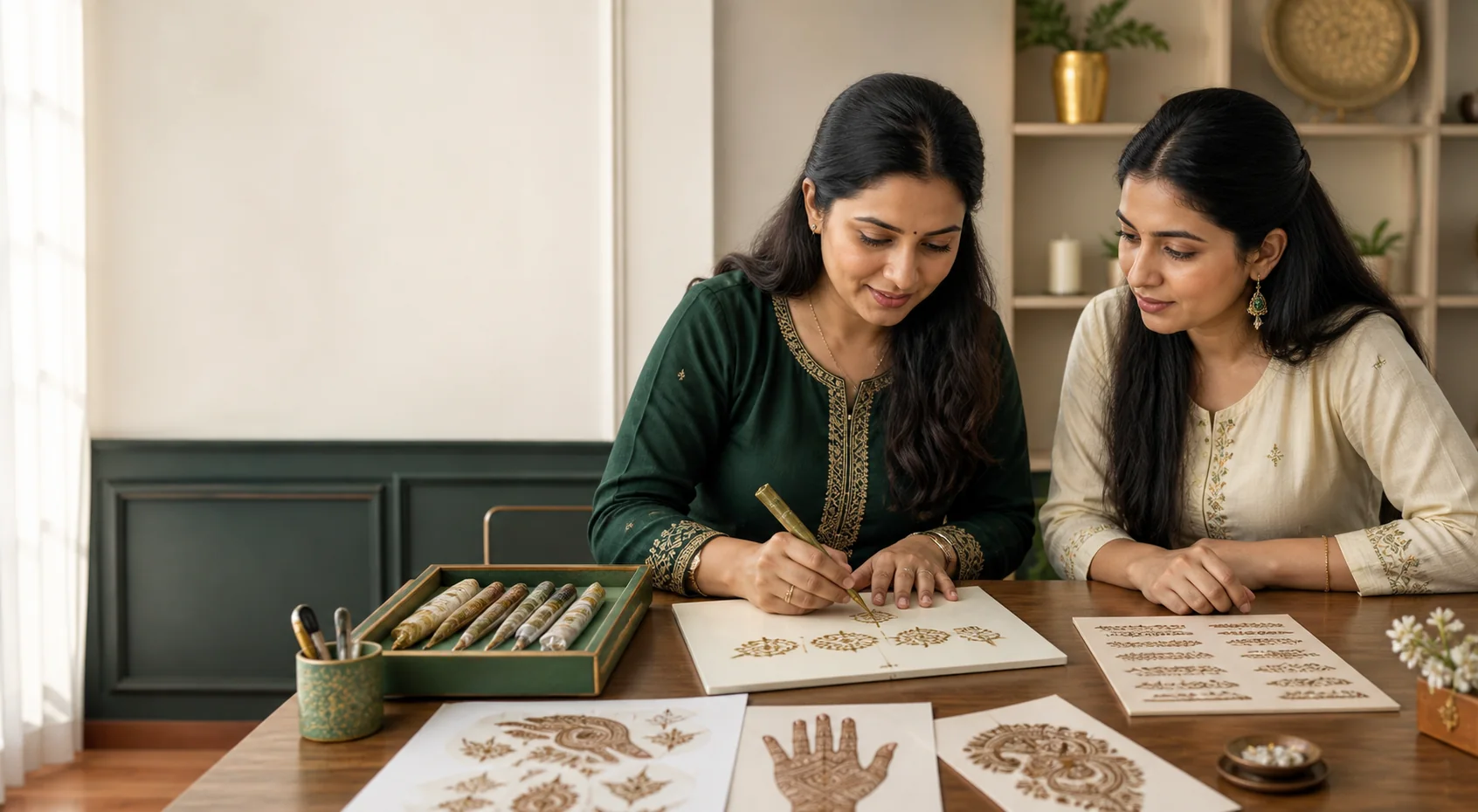 Mehndi tutor guiding a learner during a practical lesson