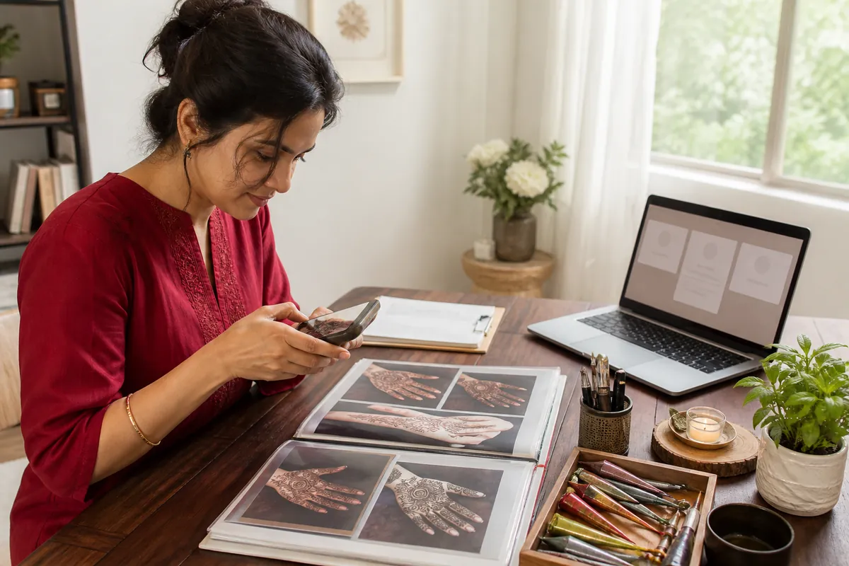 A mehndi artist photographing original portfolio work for a professional profile