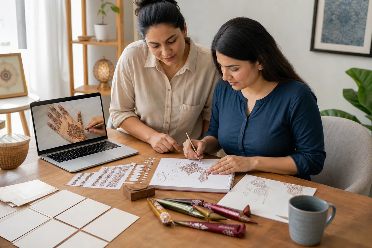 An adult learner comparing online and studio mehndi course materials with a tutor