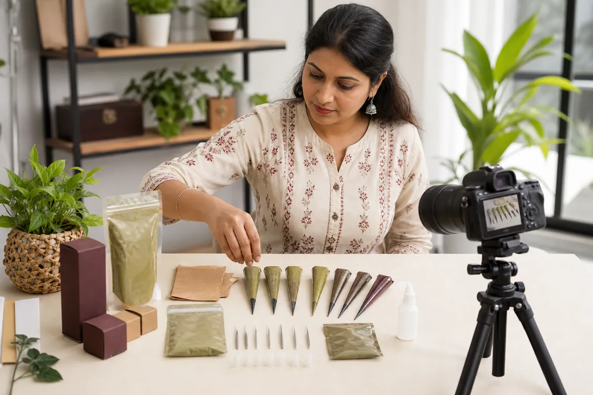 A henna vendor arranging unbranded cones, powder, tools, and packaging for a product listing