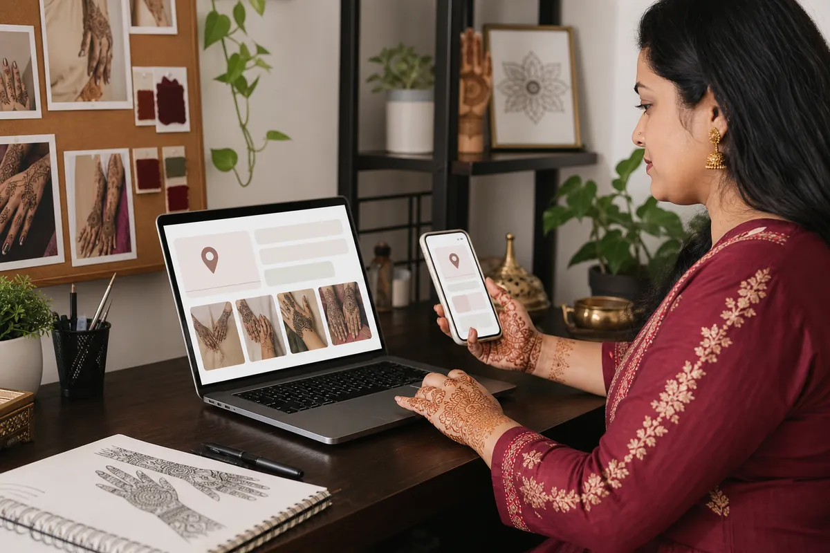 A mehndi professional updating accurate location and portfolio information on digital profiles