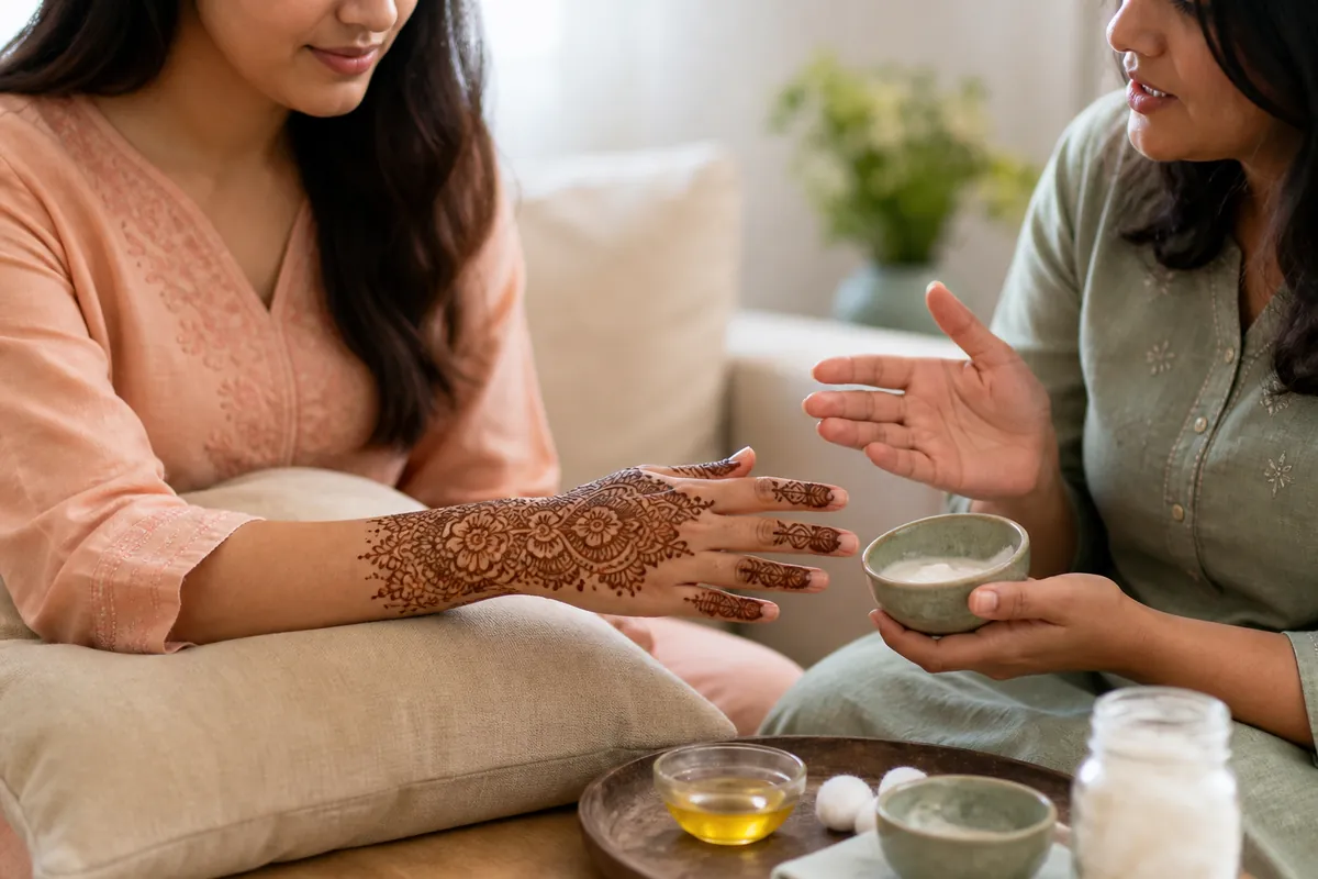 An adult receiving calm aftercare guidance for a freshly decorated hand