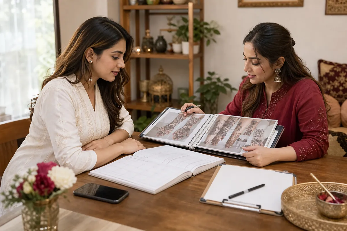 An adult customer and artist discussing portfolio examples and booking notes