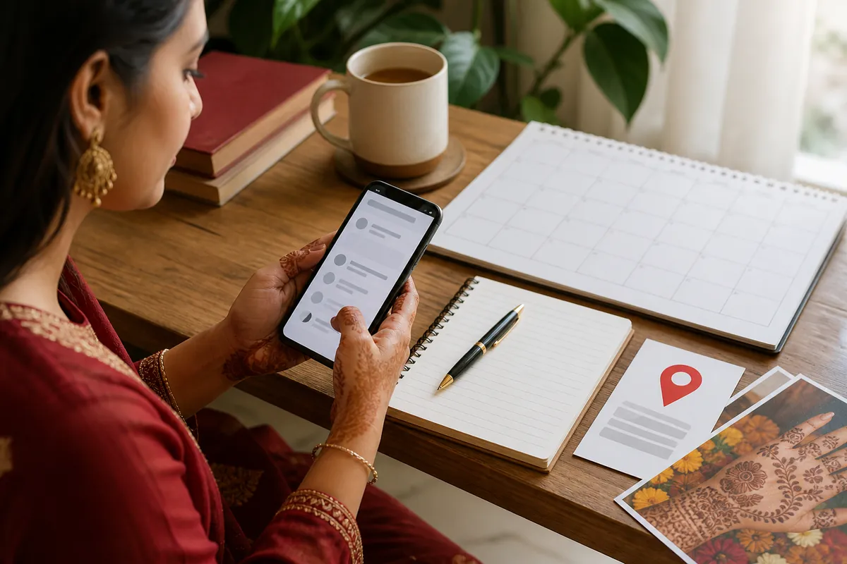 An adult preparing a clear mobile inquiry with event notes, calendar, and location details