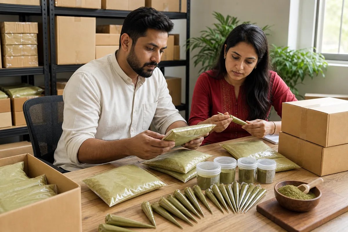 An adult buyer and supplier reviewing unbranded henna samples and shipping quantities